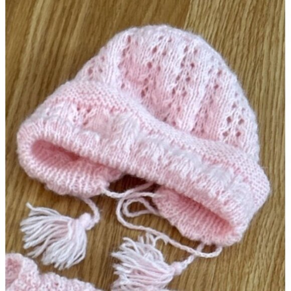 Handmade Knit Pink Baby Cardigan & Hat Set Heart Pattern Long Sleeves Buttons - Picture 3 of 5